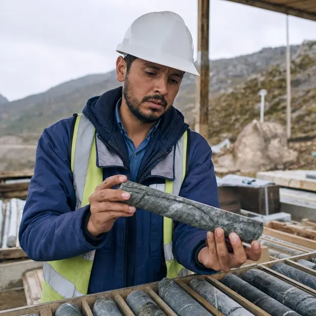 Profesional inspeccionando un testigo de perforación
